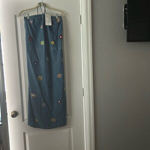 NWT Zara limited edition embroidered denim halter maxi dress. Sz S.